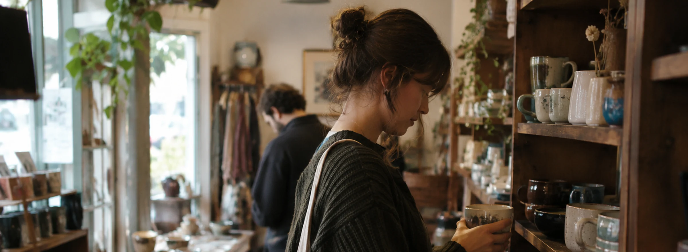 A customer looking at a handmade mug in a small shop lined with shelves of pottery