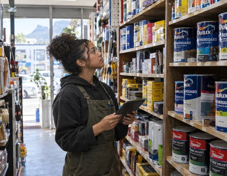 A shop assistant checking paint stock on a tablet in a hardware store