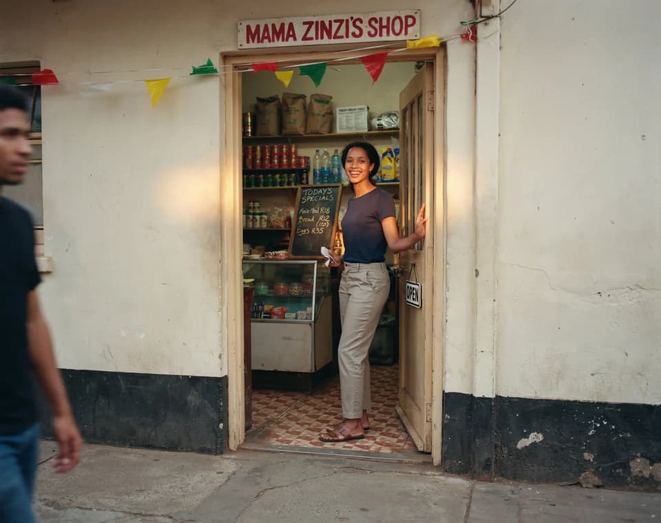 A smiling shop owner standing in the doorway of the shop
