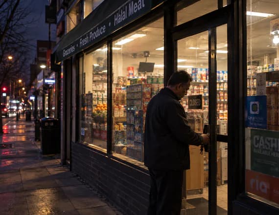 A shopkeeper locking the door at night, the lights still on inside