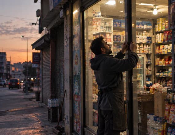 A shopkeeper opening up at first light, the shop’s lights already on