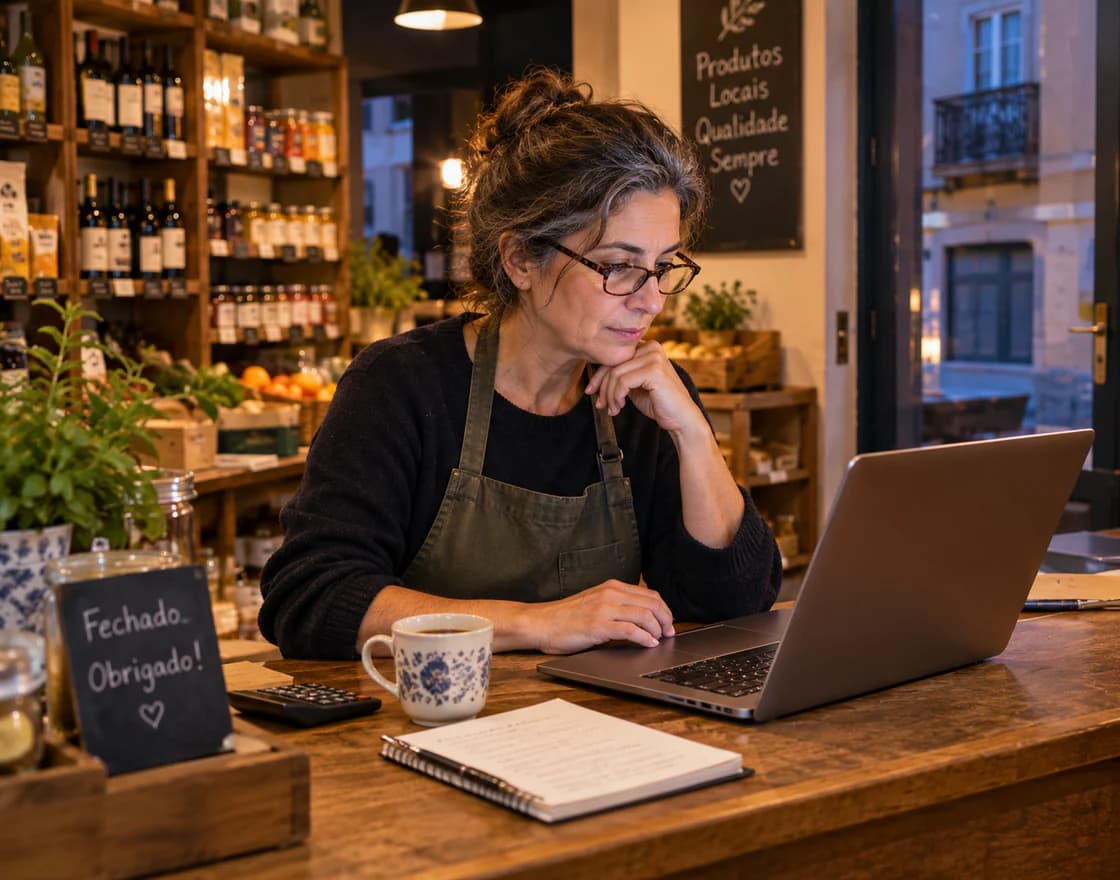 A shop owner looking over figures on a laptop at the counter