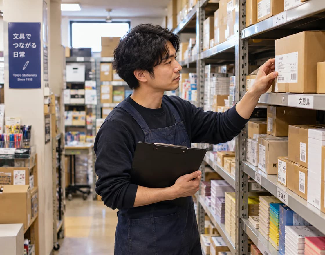 A shop worker with a clipboard checking boxes on stockroom shelves