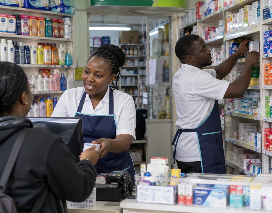 Two pharmacy staff at work, one serving a customer at the till, one restocking shelves